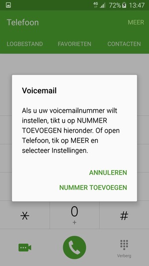 Als uw voicemail niet geïnstalleerd is, selecteert u NUMMER TOEVOEGEN