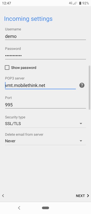 Enter Username and Incoming server address