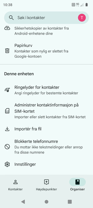 Bla til og velg Administrer kontaktinformasjon på SIM-kortet