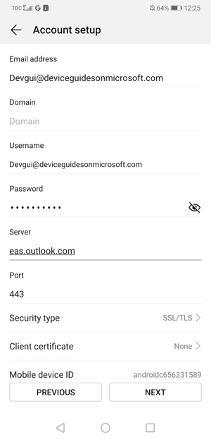 Enter Exchange server address and select NEXT