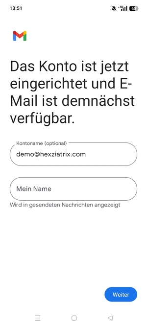 Geben Sie Ihrem Konto einen Namen und geben Sie Ihren Namen ein. Wählen Sie Weiter
