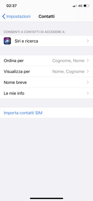 Scorri e seleziona Importa contatti SIM