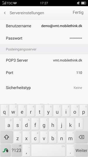 Geben Sie Benutzername und die Server-Adresse für eingehende Post ein