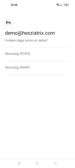 Vælg Personlig (POP3) eller Personlig (IMAP)