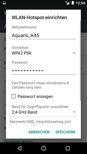 Geben Sie eine WLAN-Hotspot-Passwort mit mindestens 8 Zeichen ein und wählen Sie SPEICHERN