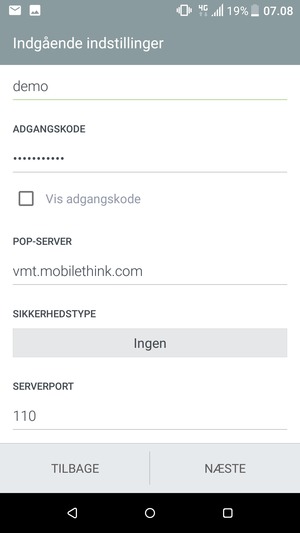 Indtast Indgående serveradresse og vælg NÆSTE