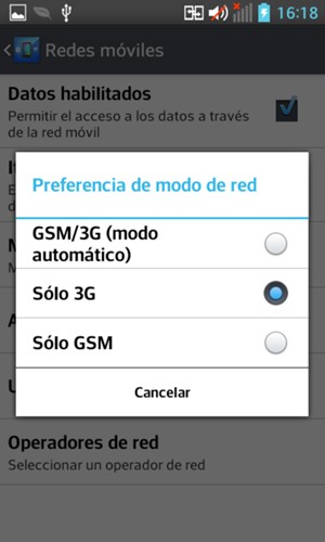 Seleccione Sólo WCDMA para habilitar 3G