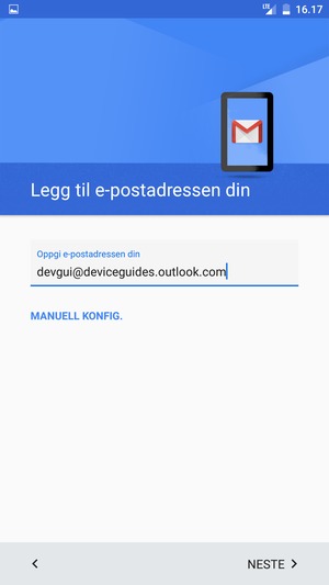Skriv inn e-postadresse og velg MANUELL KONFIG.