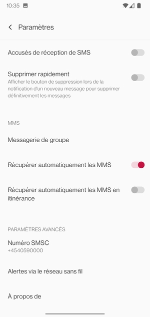 Sélectionnez Numéro SMSC