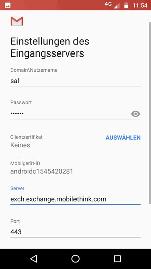 Geben Sie Benutzername und die Exchange Server-Adresse ein