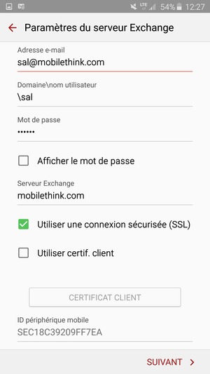 Saisissez votre Nom utilisateur et l'adresse du serveur Exchange. Sélectionnez SUIVANT