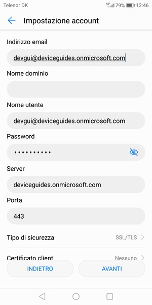 Inserisci l'indirizzo del server Exchange e seleziona AVANTI