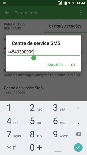 Saisissez le numéro du Centre de service SMS et sélectionnez OK