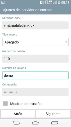 Introduzca dirección del servidor de entrada y nombre de usuario. Seleccione Siguiente