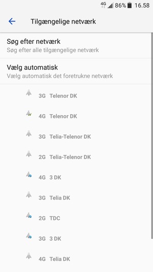 Vælg en netværksudbyder fra listen
