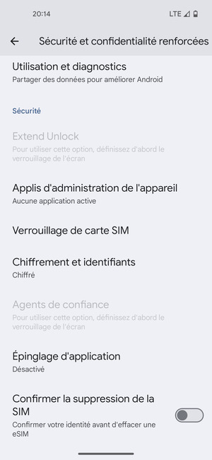 Faites défiler et sélectionnez Verrouillage de  carte SIM