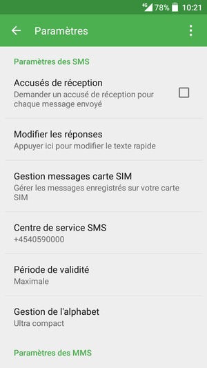 Faites défiler et sélectionnez Centre de service SMS
