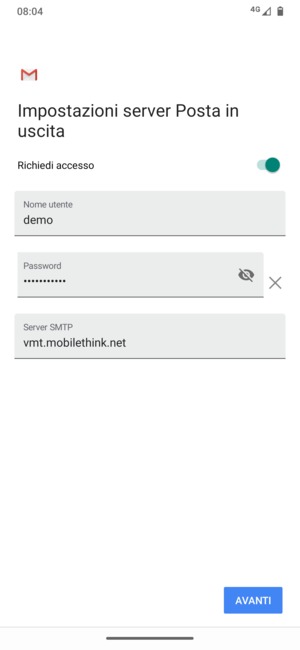 Inserisci l'indirizzo del server di posta in uscita