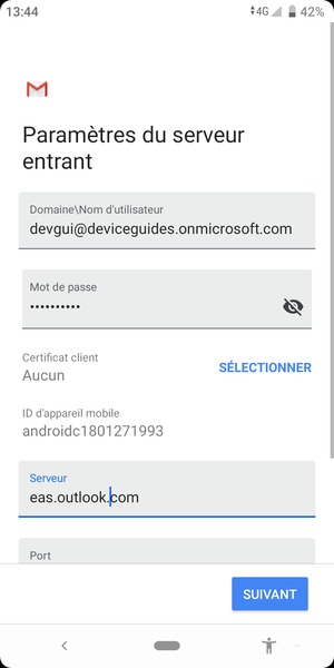 Saisissez votre Nom d'utilisateur et l'adresse du serveur Exchange. Sélectionnez SUIVANT