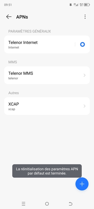 Votre téléphone va être réinitialisé avec les paramètres Internet et MMS par défaut