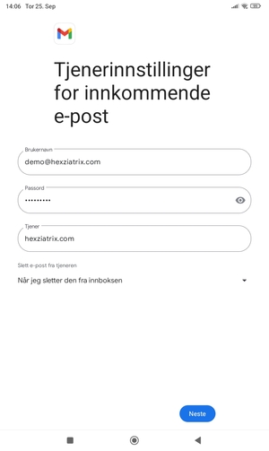 Skriv inn Brukernavn og innkommende serveradresse. Velg Neste