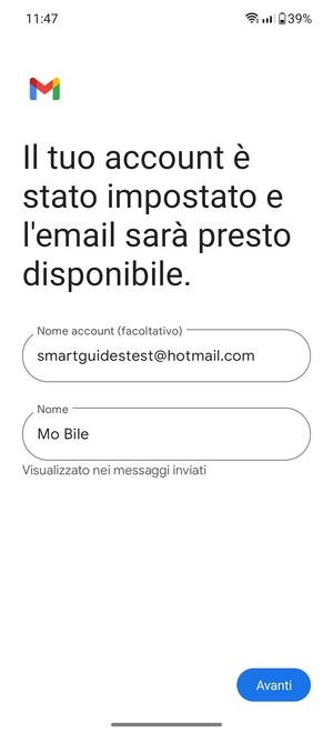 Scegli un nome per il tuo account e inserisci il tuo nome. Seleziona Avanti