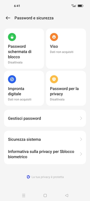 Per attivare il blocco dello schermo, vai al menu Password e sicurezza e seleziona Password schemata di blocco