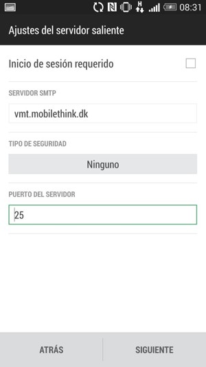 Introduzca la información de correo electrónico para configuración del servidor saliente y seleccione SIGUIENTE