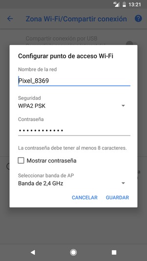 Introduzca una contraseña de punto de acceso Wi-Fi de al menos 8 caracteres y seleccione GUARDAR