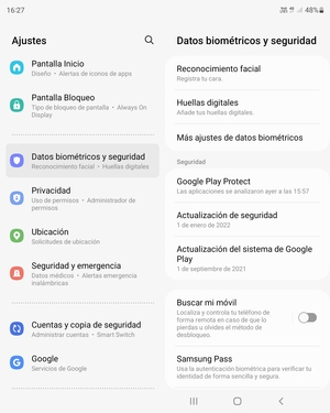 Desplácese y seleccione Datos biométricos y seguridad