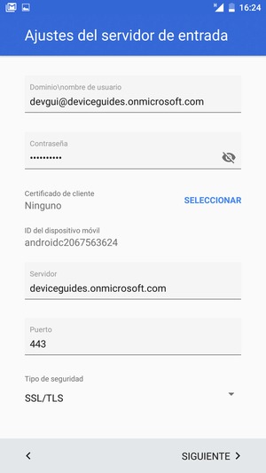 Introduzca Nombre de usuario y la dirección de servidor Exchange. Seleccione SIGUIENTE