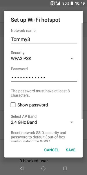 Enter a Wi-Fi hotspot password of at least 8 characters and select SAVE
