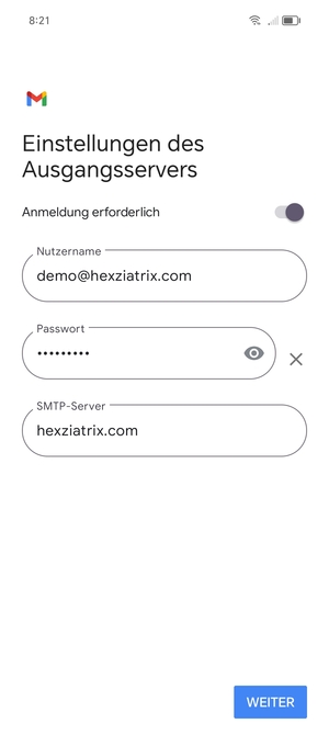 Geben Sie die Server-Adresse für ausgehende Post ein und wählen Sie WEITER