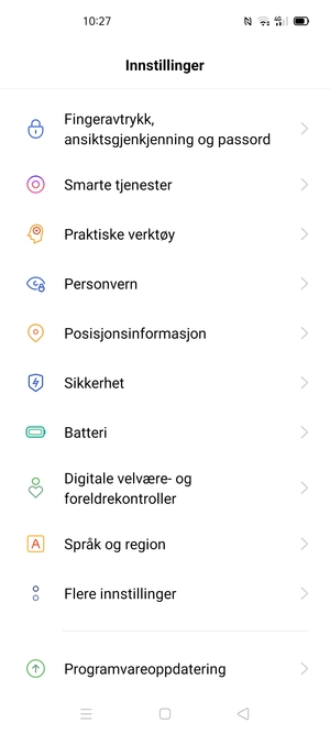For å aktivere skjermlåsen, gå til Innstillinger-menyen og velg Fingeravtrykk, ansiktsgjenkjenning og passord