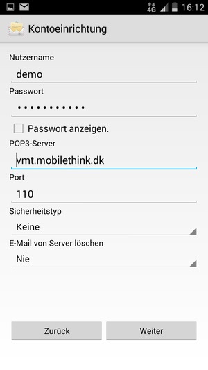 Geben Sie Benutzername und die Server-Adresse für eingehende Post ein. Wählen Sie Weiter