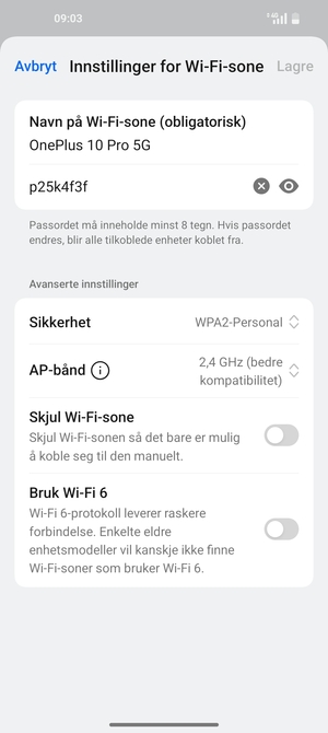 Skriv inn et Wi-Fi hotspot-passord på minst 8 tegn og velg Lagre