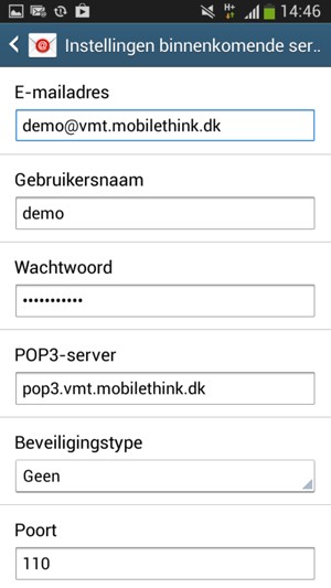 Voer Gebruikersnaam en binnenkomend serveradres in