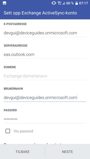 Skriv inn Exchange serveradresse og Brukernavn. Velg NESTE