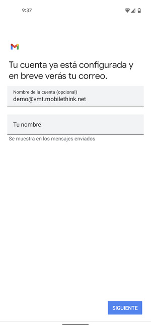 Déle a su cuenta un nombre y escriba su nombre. Seleccione SIGUIENTE