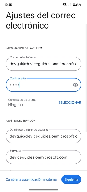 Introduzca Nombre de usuario y la dirección de servidor Exchange. Seleccione Siguiente