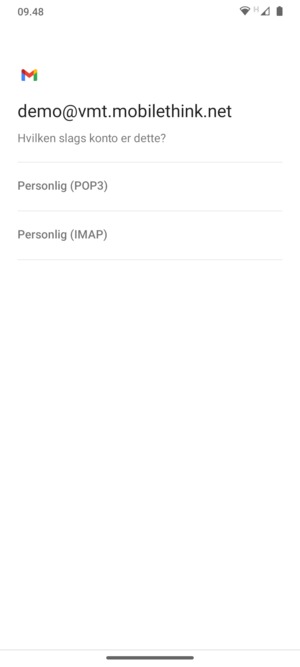 Vælg Personlig (POP3) eller Personlig (IMAP)