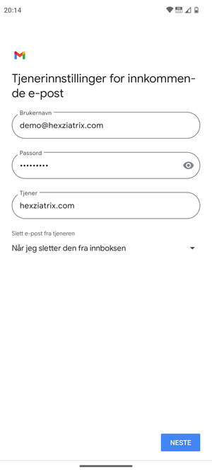 Skriv inn Brukernavn og innkommende serveradresse. Velg NESTE