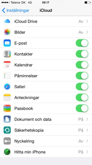 Välj tjänsterna som du vill säkerhetskopiera