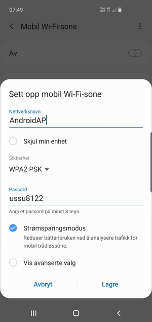 Skriv inn et passord på minst 8 tegn og velg Lagre
