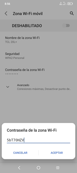 Introduzca una contraseña de punto de acceso Wi-Fi de al menos 8 caracteres y seleccione ACEPTAR