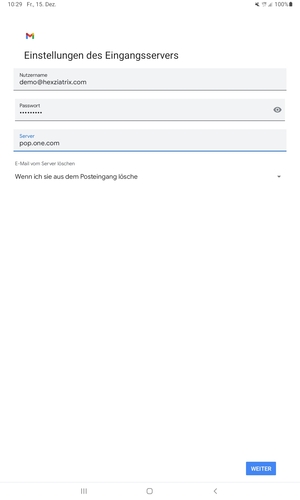 Geben Sie Benutzername und die Server-Adresse für eingehende Post ein. Wählen Sie WEITER