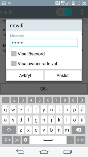 Ange lösenord till Wi-Fi och välj Anslut
