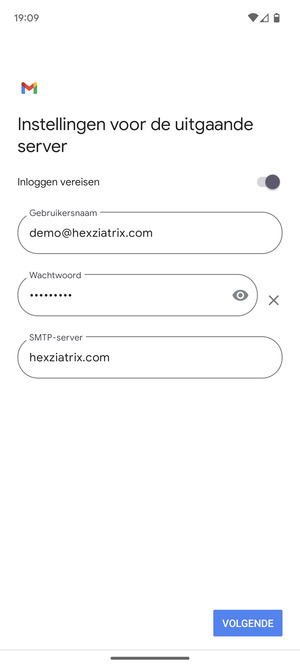 Voer Uitgaand serveradres in en selecteer VOLGENDE