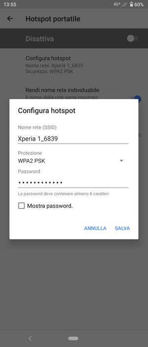 Inserisci una password dell'hotspot Wi-Fi di almeno 8 caratteri e seleziona SALVA
