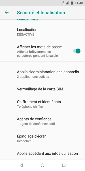 Pour modifier le code PIN de la carte SIM, revenez au menu Sécurité et localisation, faites défiler et sélectionnez Verrouillage de la carte SIM